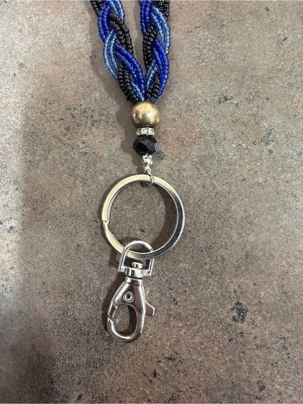 Beaded Braided Lanyard Necklace Blue & Black Detachable Key Ring Lobster Clasp.